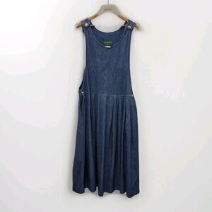 Vintage Willowbend 90s USA Blue Long Tiered Denim Jumper Dress Pockets Size L